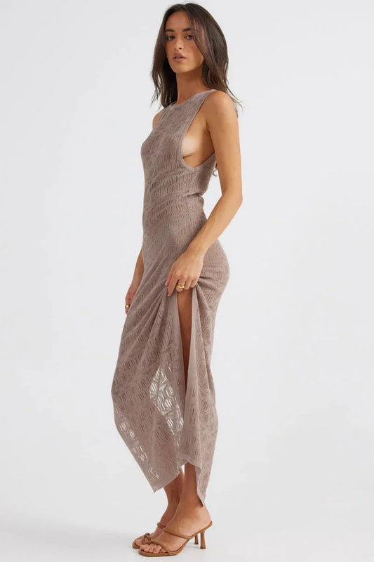 Aelia Crochet Boat Neck Maxi Dress - Mocha