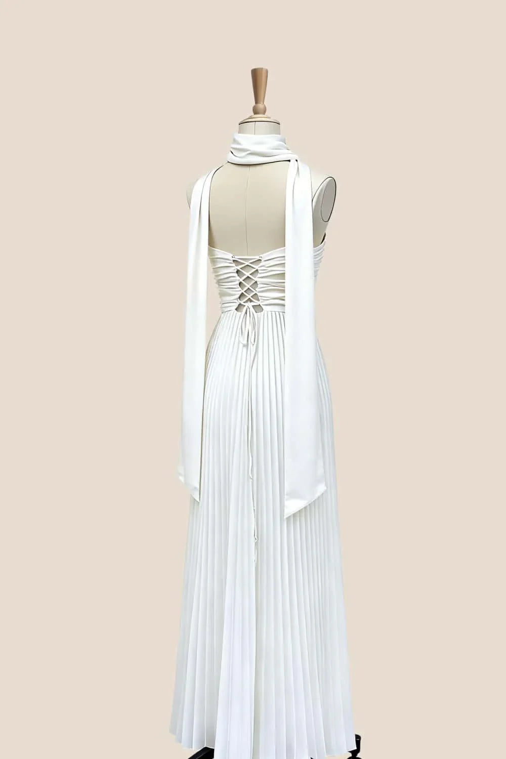 Empire White Pleated Satin Scarf Neck Maxi Dress