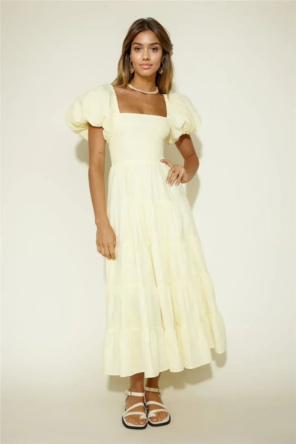 Adela Shirred Floaty Maxi Dress - Yellow