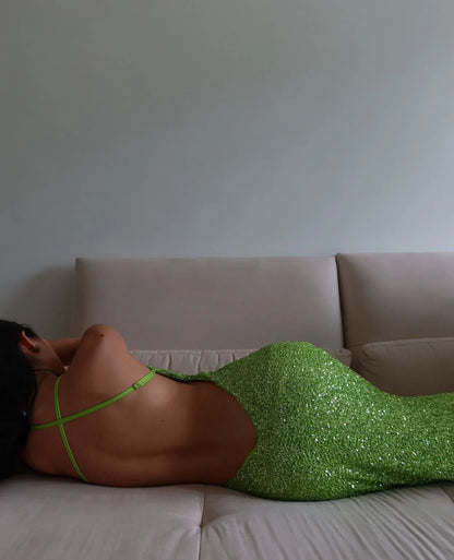 Alista Cowl Neck Sequin Maxi Dress - Lime Green