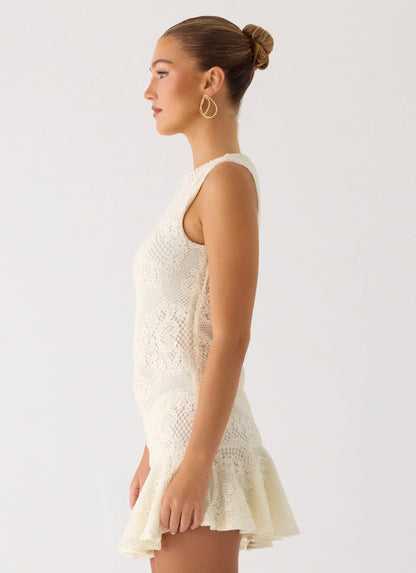 Adoria Lace Boat Neck Asymmetric Mini Dress - Ivory