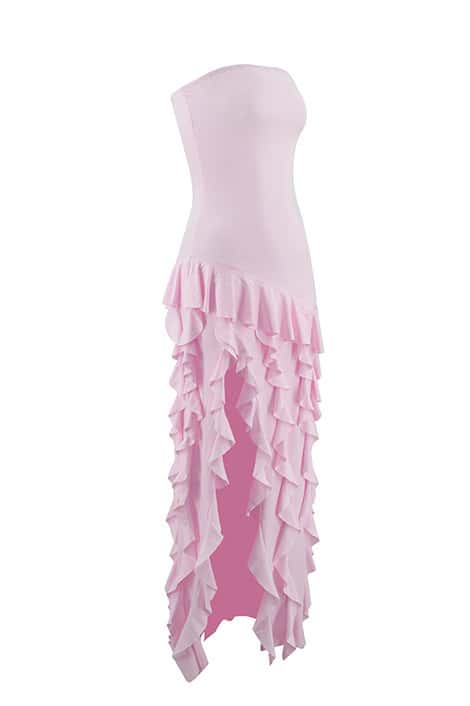 Pink Strapless Ruffle Slit Long Dress
