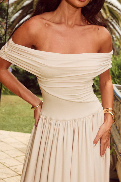 Manalla Off Shoulder Ruching Dress - Stone