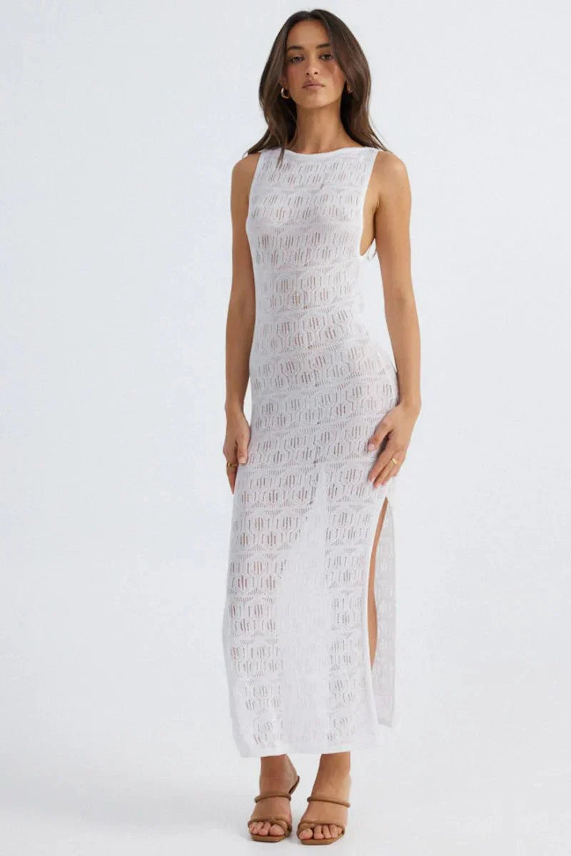 Aelia Crochet Boat Neck Maxi Dress - White