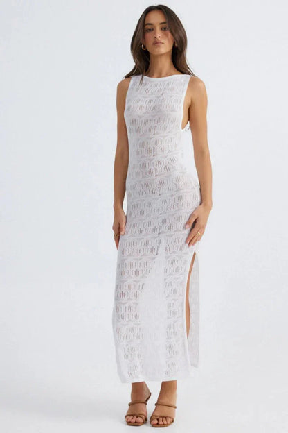 Aelia Crochet Boat Neck Maxi Dress - White