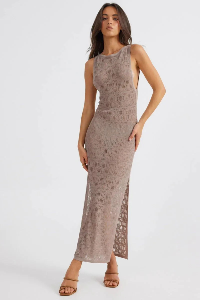 Aelia Crochet Boat Neck Maxi Dress - Mocha