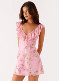 Adrina Frill V-Neck Mini Dress - Pink Floral Print