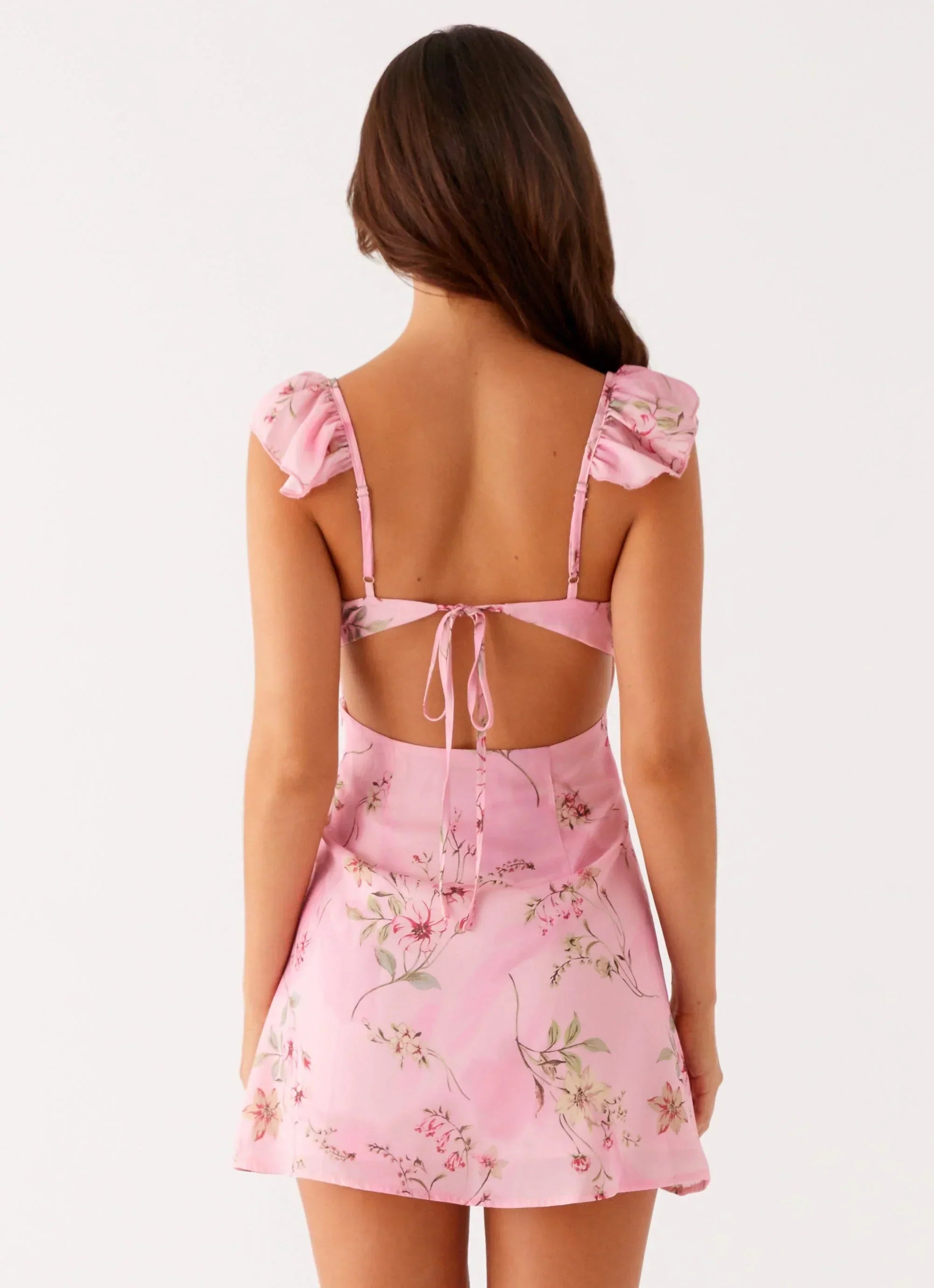 Adrina Frill V-Neck Mini Dress - Pink Floral Print