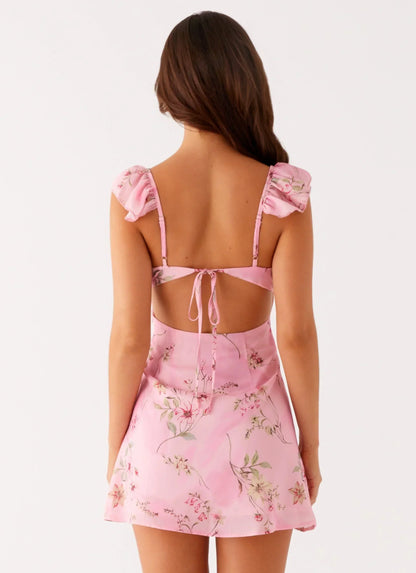 Adrina Frill V-Neck Mini Dress - Pink Floral Print
