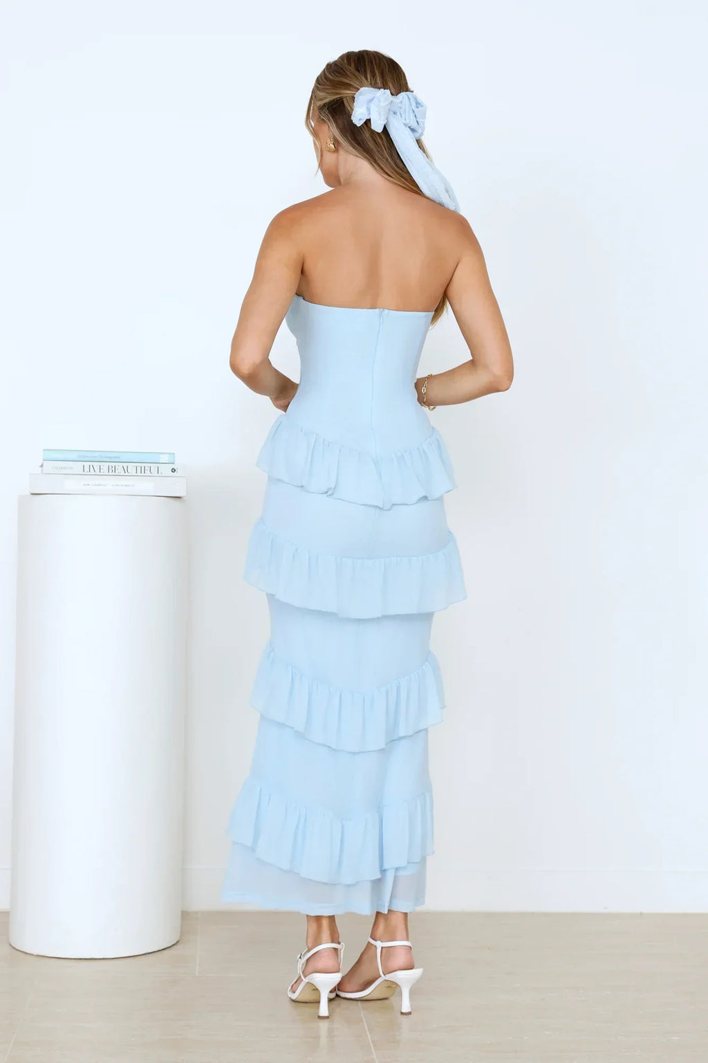 Feelings First Strapless Mesh Maxi Dress in Blue