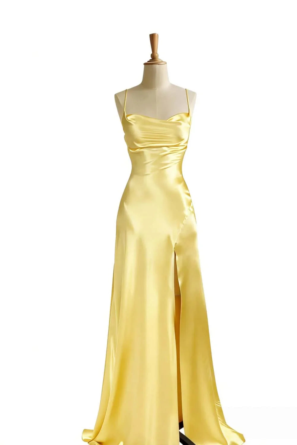Simple Satin Slit Long Formal Spaghetti Straps Dress