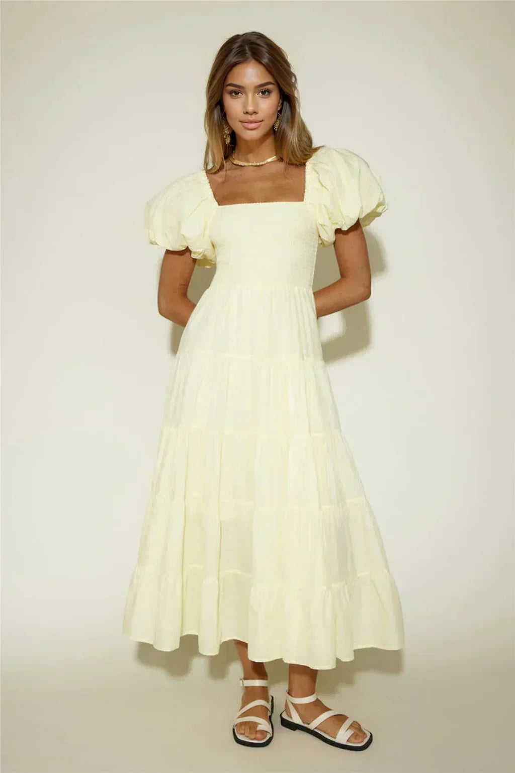 Adela Shirred Floaty Maxi Dress - Yellow