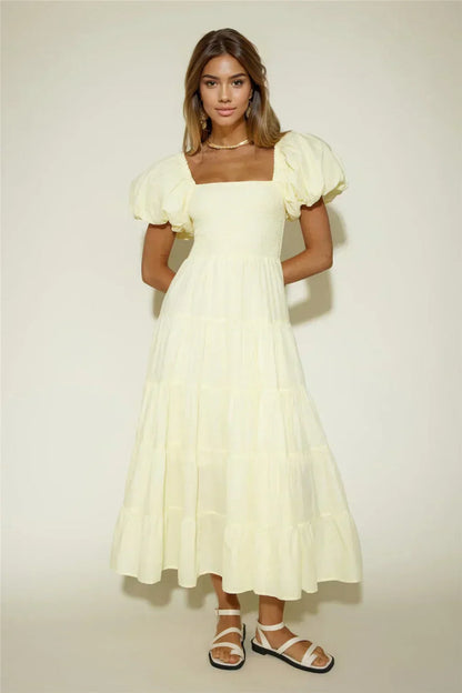 Adela Shirred Floaty Maxi Dress - Yellow