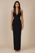 Sable Mesh Tie Halter Gown - Black