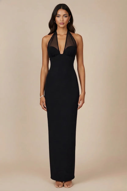 Sable Mesh Tie Halter Gown - Black