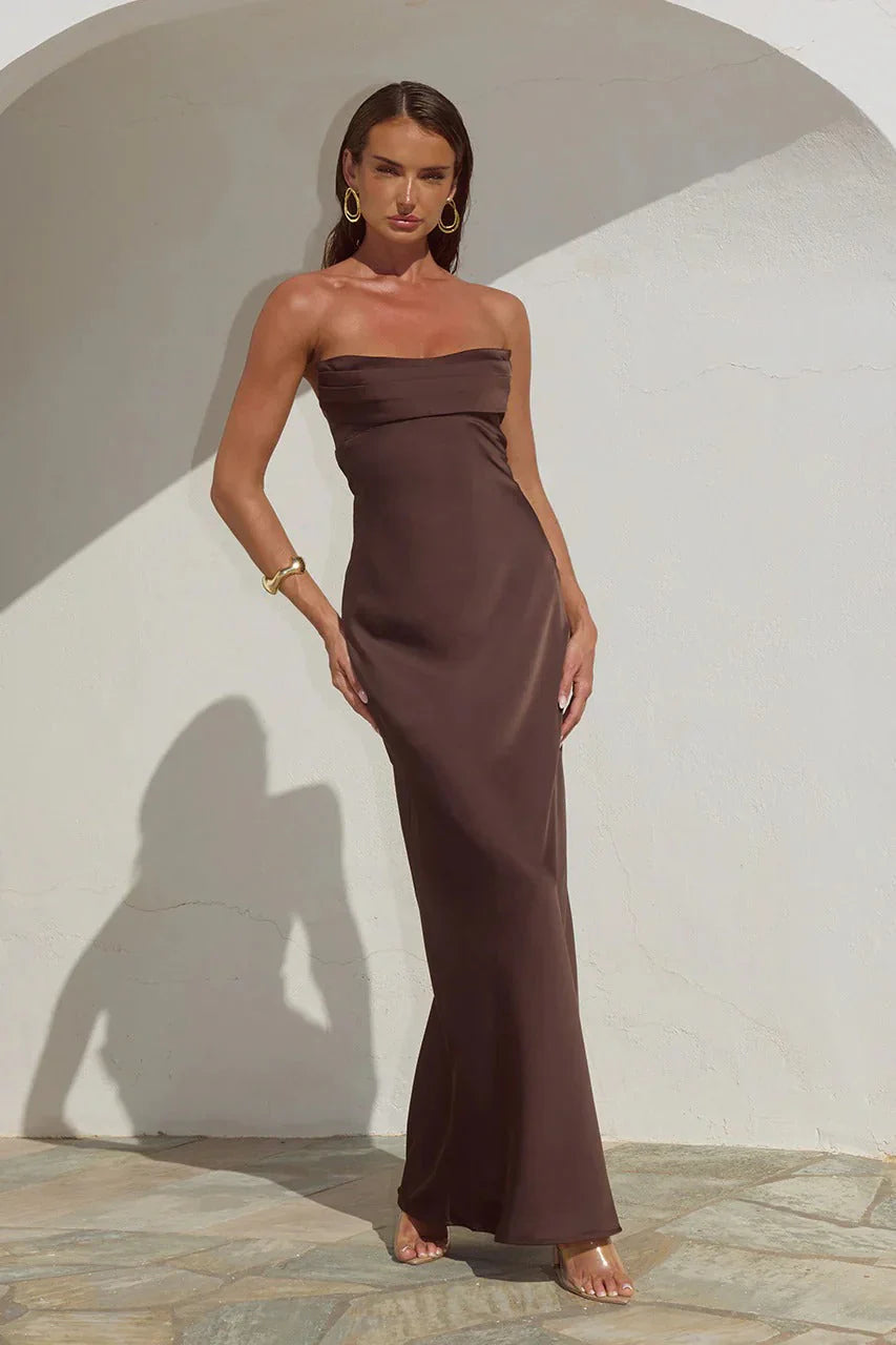 Madeleine Strapless Pleated Dress - Bitter Chocolate