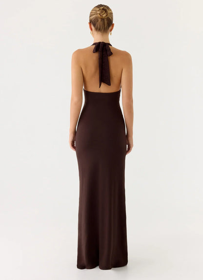 All I Need Halter Lace Maxi Dress - Chocolate
