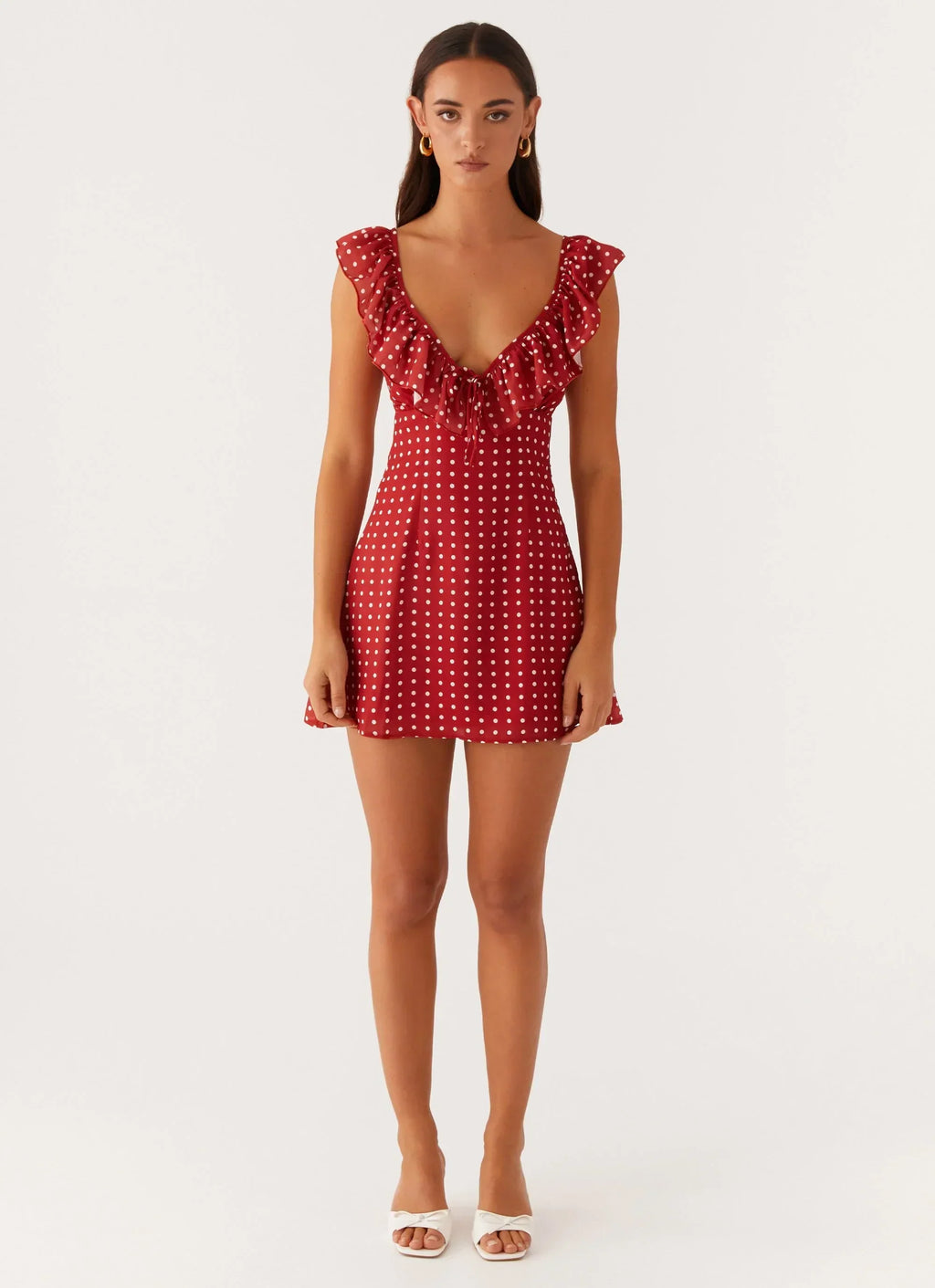 Adrina Frill V-Neck Mini Dress - Red Polka Dot