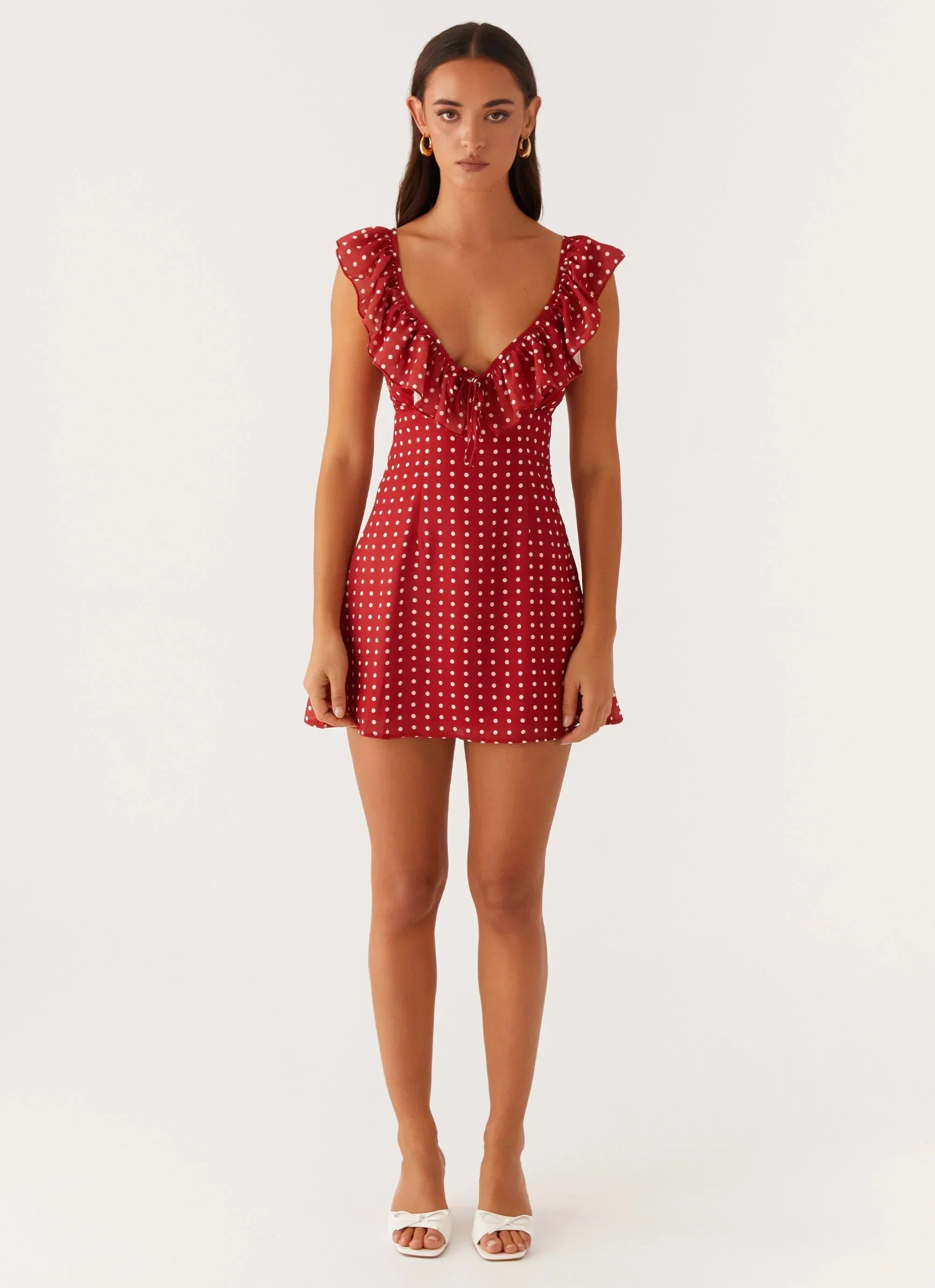 Adrina Frill V-Neck Mini Dress - Red Polka Dot