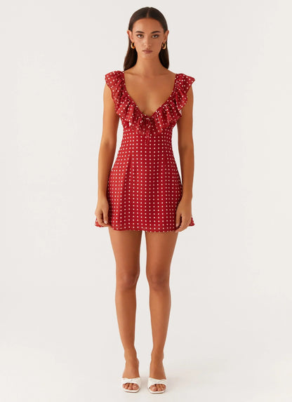 Adrina Frill V-Neck Mini Dress - Red Polka Dot