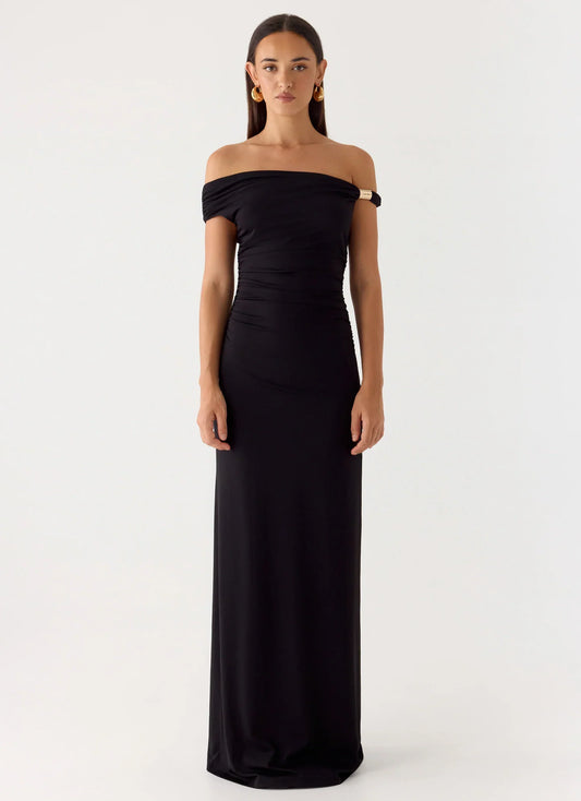 Afterlight Off-Shoulder Asymmetrical Maxi Dress - Black