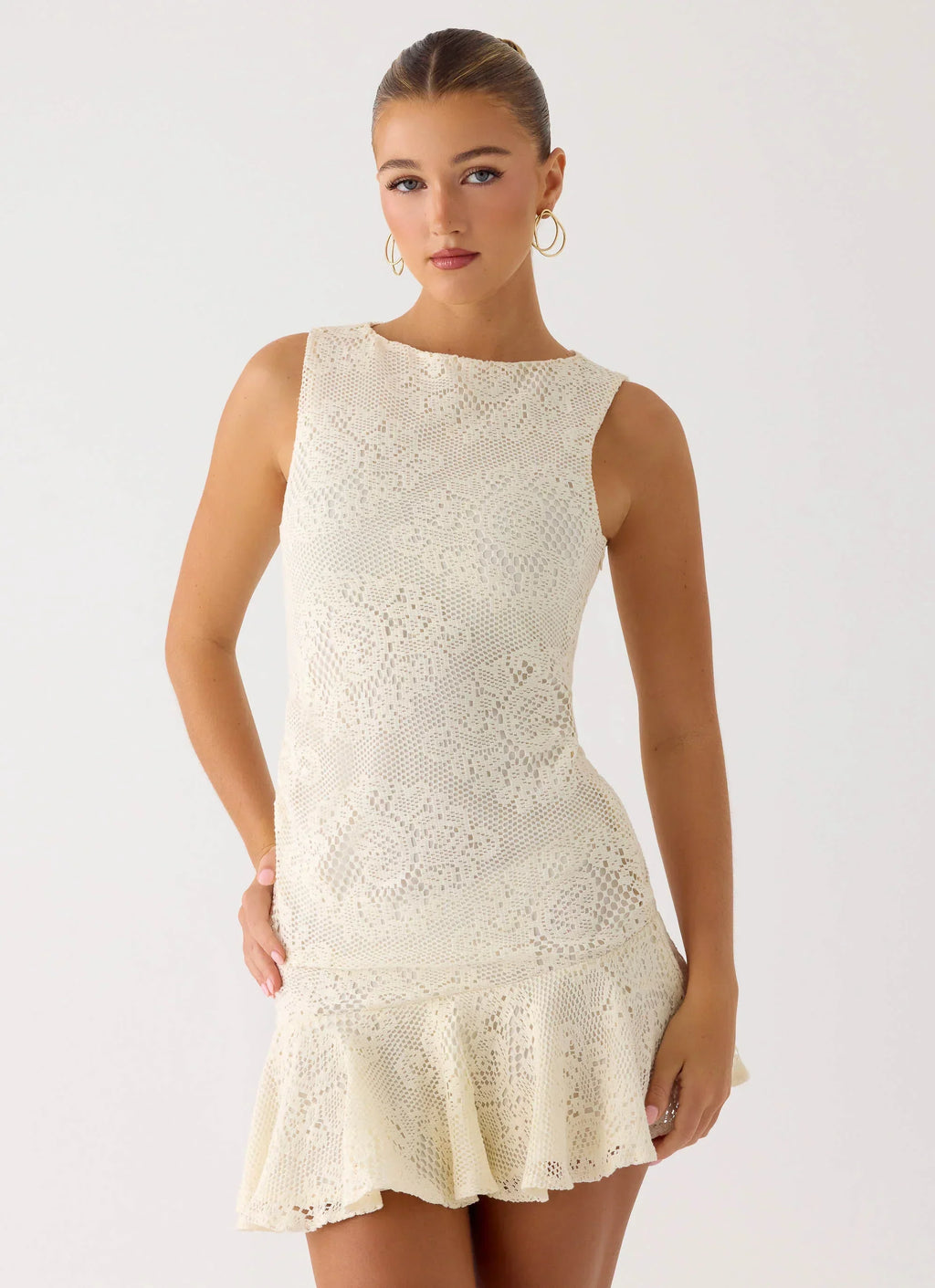 Adoria Lace Boat Neck Asymmetric Mini Dress - Ivory