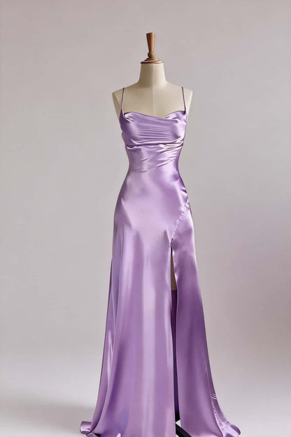 Simple Satin Slit Long Formal Spaghetti Straps Dress