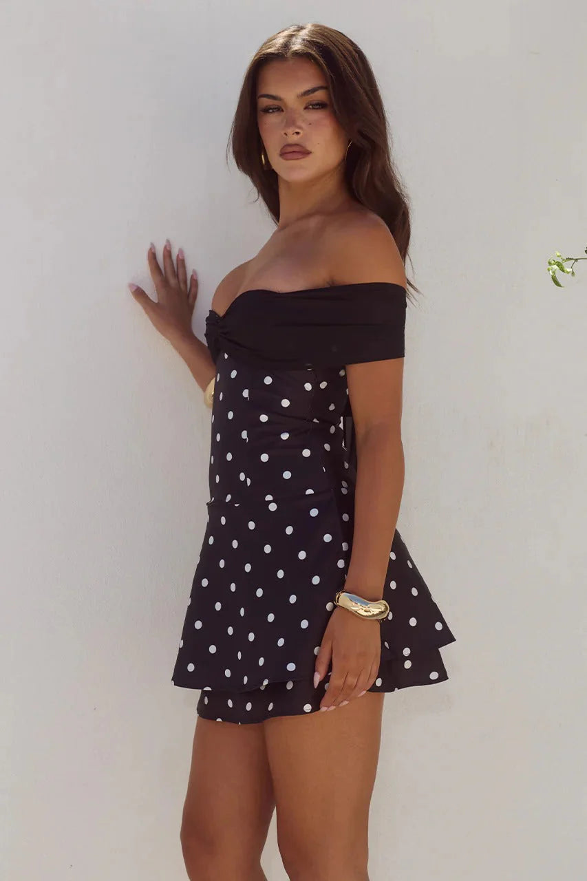 Kadie Strapless Polka Satin Dress - Black/White