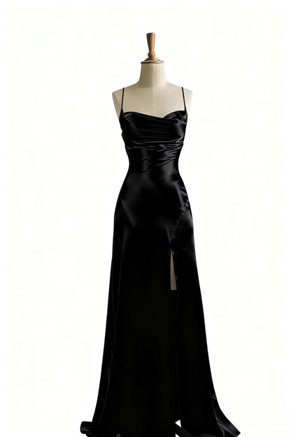 Simple Satin Slit Long Formal Spaghetti Straps Dress