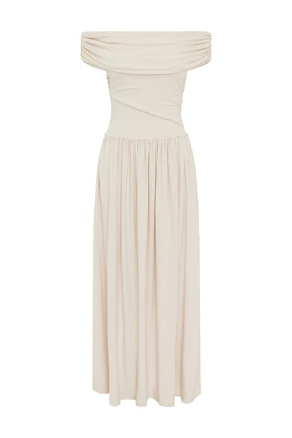 Manalla Off Shoulder Ruching Dress - Stone